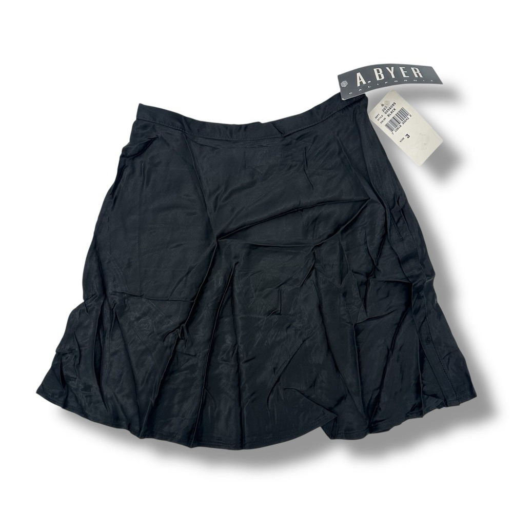 Deadstock VTG Y2K‎ A Byer Black Satin Flare Mini Skirt Sz 3 Mallcore Indie USA
